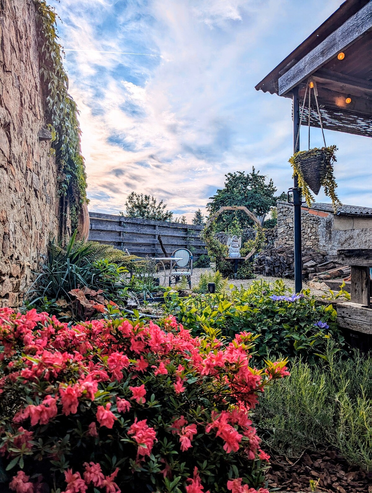 A garden view towards the rooftops
